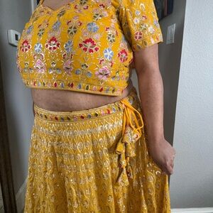 Yellow Sequin Floral Plus Size Lehenga (Skirt only)